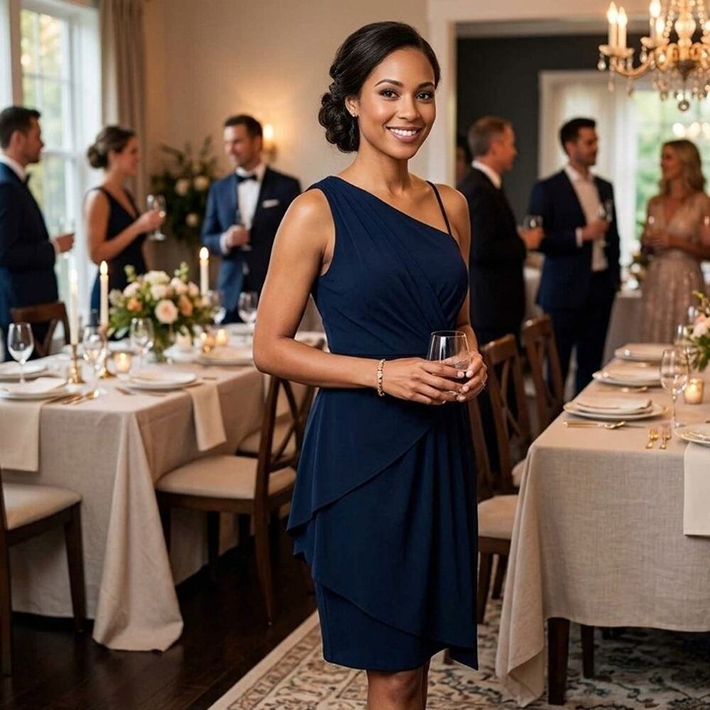 ASOS Navy Blue One-Shoulder Layered Cocktail Dress - Size US 6